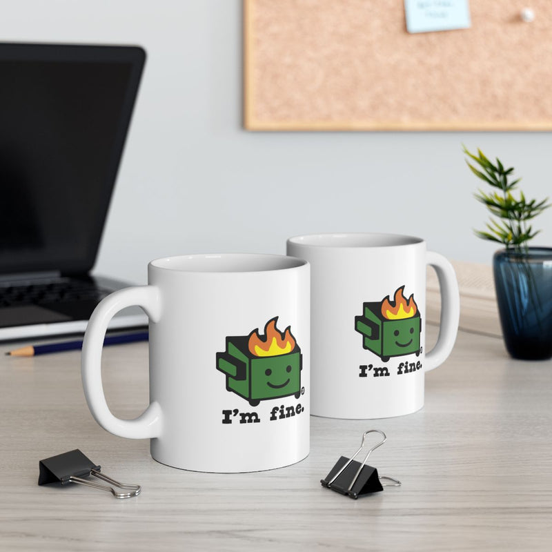 Load image into Gallery viewer, I'm fine Mug with Cute Green Character on Fire
