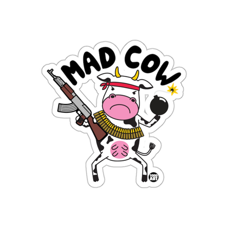 Load image into Gallery viewer, Mad Cow with Gun and Bomb Sticker Product
