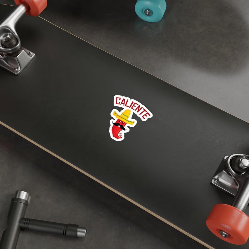 Load image into Gallery viewer, Caliente Sticker on Black Skateboard Deck product
