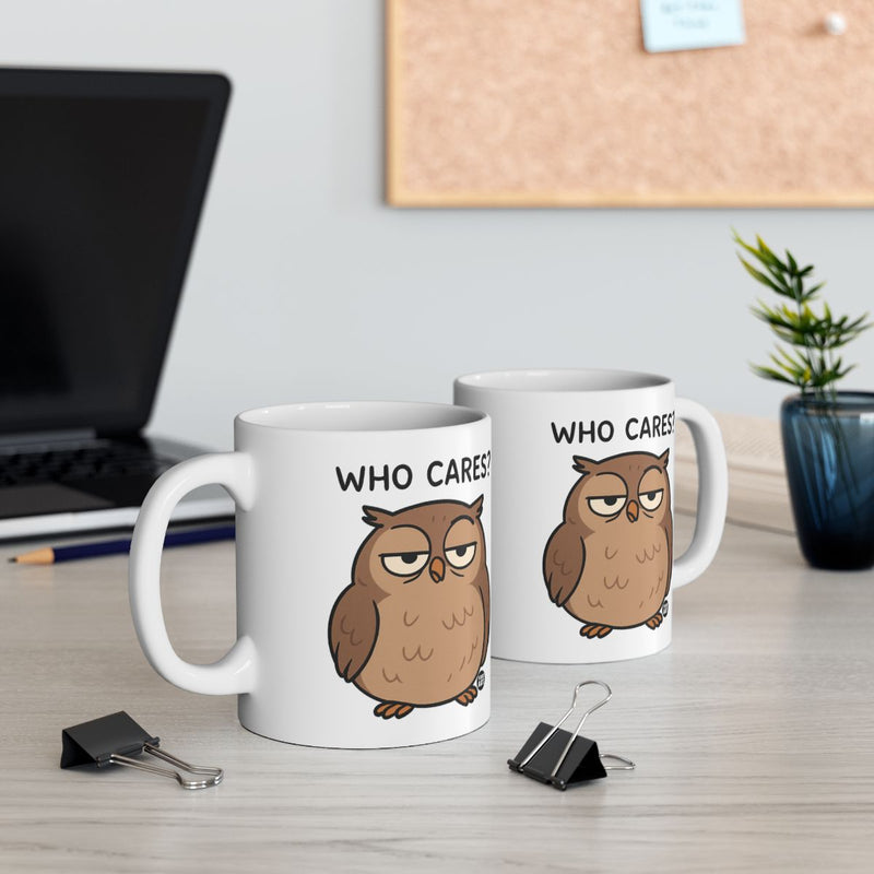 Load image into Gallery viewer, Funny Office Desk Owl Mugs with Who Cares Text
