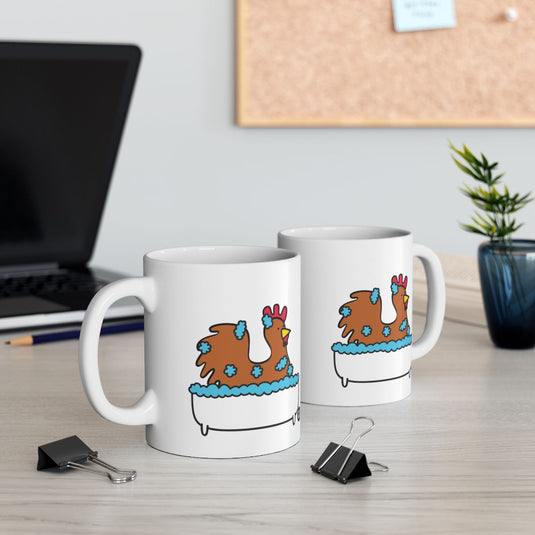 Cartoon Chicken in Bathtub Design White Mug