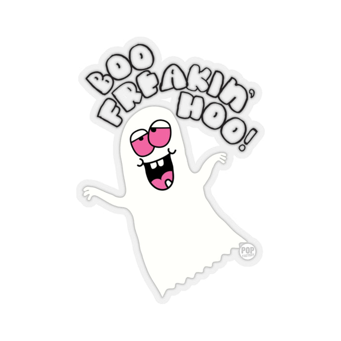 Funny cartoon ghost sticker with “Boo Freakin’ Hoo” text, pink eyes, and sarcastic expression – 3-inch waterproof vinyl Halloween sticker by Pop Factory