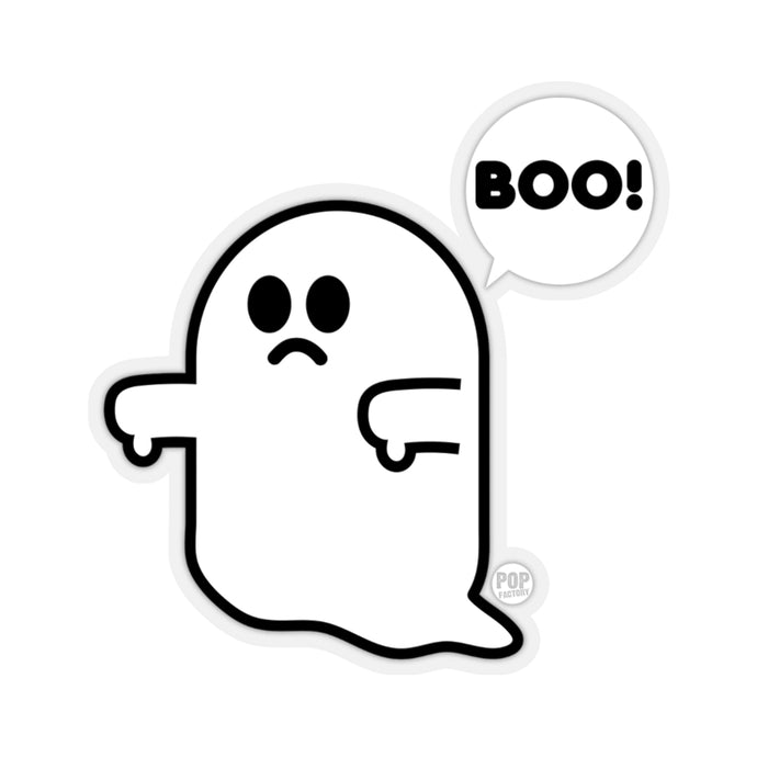 Sad cartoon ghost sticker saying “BOO!” in a speech bubble – 3-inch black and white waterproof Halloween vinyl decal by Pop Factory