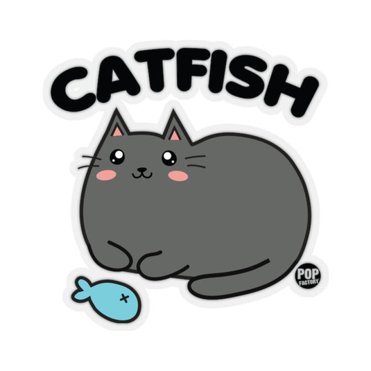 3-inch vinyl sticker of a cute gray cat with the word “Catfish” above and a cartoon blue fish below – funny waterproof pun sticker by Pop Factory